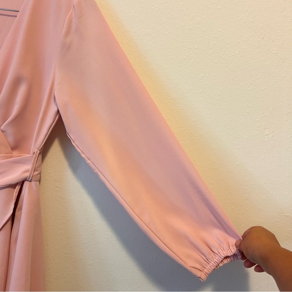 Women’s Small Ruffle Elegant Pink Faux Wrap Long Sleeve Mini Dress - Picture 4 of 9